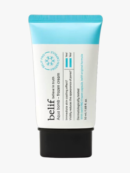 White and turquoise tube of Belif Aqua Bomb Frozen Cream with black cap on white background